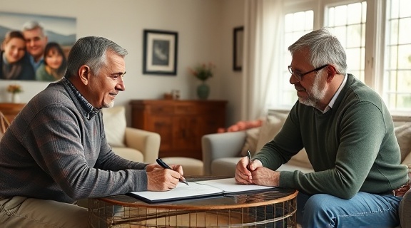 Homeowners meeting lightning insurance agent, relieved, signing claim documents, photorealistic, cozy living room with a coffee table and family photos, highly detailed, natural interactions, balanced composition, soft daylight, shot with a 35mm prime lens