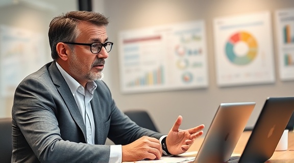 Concerned business owner, discussing interruption coverage, photorealistic, meeting room with charts on the wall and laptop, highly detailed, dynamic emotional exchange, even overhead lighting, 24-70mm lens.