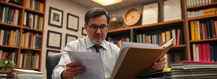 experienced vandalism insurance agent, reviewing case files, focused on details, photorealistic, cozy office with bookshelves and framed certificates, highly detailed, folders and sticky notes, 50mm lens, warm overhead lighting