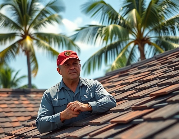 knowledgeable Florida adjuster, engrossed expression, examining roof damage, photorealistic, tropical setting with palm trees, highly detailed, roof shingles scattered, high noon lighting, shot with a telephoto lens