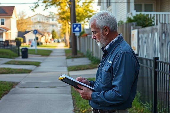 focused vandalism insurance specialist, evaluating property damage, making notes, photorealistic, quiet residential street with cracked sidewalks and defaced fences, highly detailed, overgrown lawns and worn-out signs, 24mm lens, early morning light