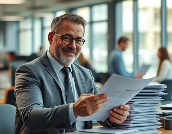 experienced roof insurance agent, reassuring smile, discussing policy, photorealistic, office environment with stacks of paperwork, highly detailed, moving background of office workers, crystal clear, neutral tones, soft natural light, shot with a 35mm lens