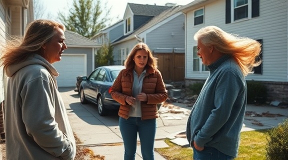 residents dealing with wind claim, distressed, communicating with each other, photorealistic, a front yard with a damaged car and scattered shingles, highly detailed, movement in hair and clothes due to wind, sharp realism, natural daylight colors, bright daylight, shot with a 28mm lens.