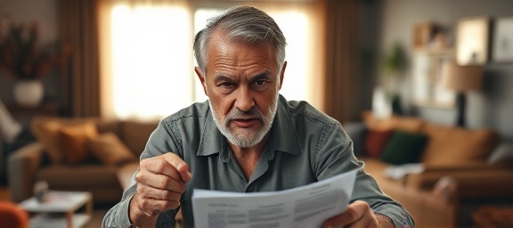 frustrated homeowner, angry expression, filing a roof claim, photorealistic, living room with scattered documents, highly detailed, background of family members, crisp clarity, warm tones, backlight, shot with a 85mm lens