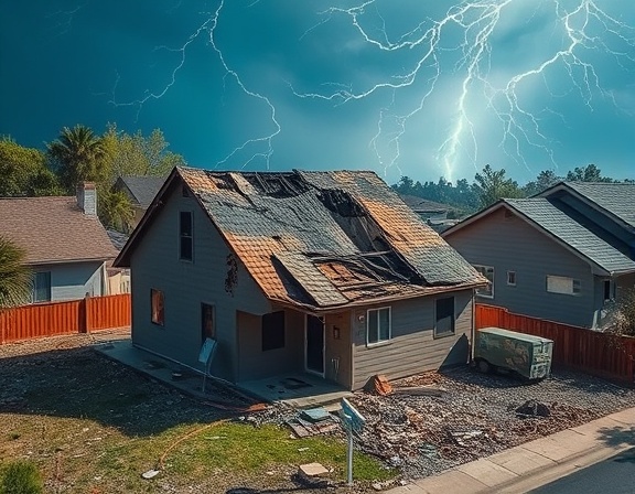 Severe lightning damage to a house, shocking, surveying the destruction, photorealistic, residential neighborhood with scorched and broken roof, highly detailed, debris scattered, high resolution, stark contrasts between damaged and untouched areas, harsh sunlight, shot with a telephoto lens