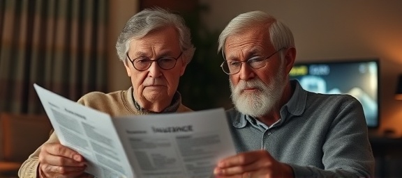 concerned elderly couple, worried expression, reviewing roof insurance documents, photorealistic, cozy living room with dim lighting, highly detailed, flickering TV in background, high-definition, soft warm tones, ambient lighting, shot with a 50mm lens