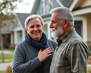 seasoned claims adjuster, empathetic expression, comforting homeowner, photorealistic, neighborhood with minor storm damage, highly detailed, gentle hand on shoulder, warm color tones, afternoon light, shot with a 50mm lens