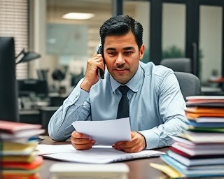 diligent investigator, processing theft claims, talking on phone, photorealistic, cluttered office desk with pens and notepads, highly detailed, paperwork stacks and desk lamp, 35mm lens, natural indoor light