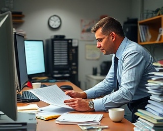 serious Florida adjuster, filling out forms, handling paperwork, photorealistic, small office with scattered files and binders, highly detailed, computer screens and coffee cups, 85mm lens, fluorescent lighting