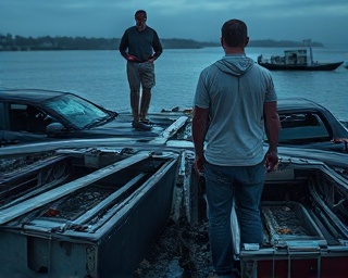 widespread flood damage, helpless citizens, surveying the wreckage, photorealistic, coastal area with drowned vehicles and ruined homes, highly detailed, desperate activity, murky floodwater, twilight lighting, shot with an ultra-wide-angle lens