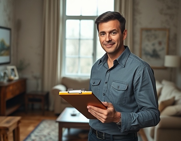 Expert mold adjuster, confident expression, taking notes on a clipboard, photorealistic, in a recently flooded living room with visible mold growth on the walls, highly detailed, floating dust particles, crisp textures, cool tones, natural light from a broken window, shot with a 35mm lens.