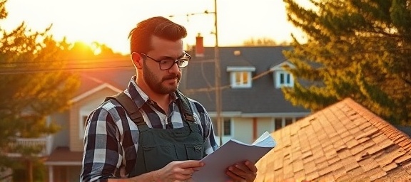 professional roof adjuster, focused expression, taking notes, photorealistic, suburban neighborhood with damaged shingles, highly detailed, swaying trees, high resolution, vibrant colors, golden hour sunlight, shot with a 24mm lens