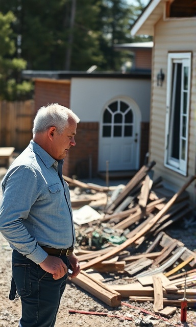 Attentive claim adjuster, inspecting damage site, photorealistic, outdoor setting with damaged property and tools, highly detailed, dynamic scene of assessment, backlit sunlight, 85mm prime lens.