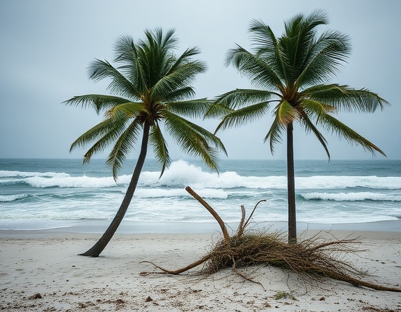 Florida coastline during windstorm, turbulent, battling against a strong wind, photorealistic, palm trees bending in the wind with stormy seas in the background, highly detailed, sand blowing and waves crashing, high definition clarity, deep blues and grays, overcast lighting, shot with a 50mm prime lens.