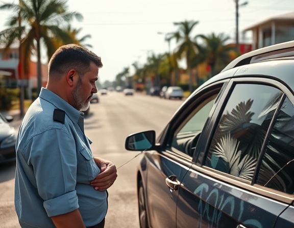 concerned Florida adjuster, inspecting vandalized vehicle, examining damages, photorealistic, suburban street with palm trees and parked cars, highly detailed, graffiti and smashed windows, 50mm lens, midday sunlight