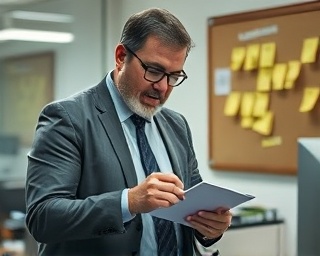 alert public adjuster, calculating expression, jotting notes, photorealistic, office with corkboard and sticky notes, highly detailed, slight motion blur, tungsten lighting, shot with a 35mm lens