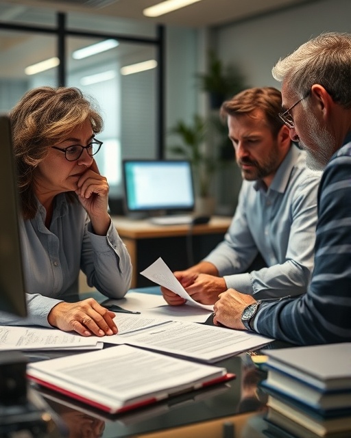 flood insurance policy, anxious homeowners, discussing claim details, photorealistic, modern insurance office with paperwork and computers, highly detailed, tense atmosphere, precision paperwork, soft indoor lighting, shot with a 50mm lens