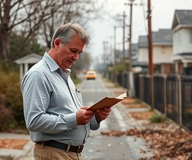 wind adjuster inspecting storm damage, pensive, taking notes on a clipboard, photorealistic, residential street lined with broken fences and branches, highly detailed, gusts of wind and scattered debris, finely textured, muted earth tones, soft afternoon light, shot with an 85mm lens.