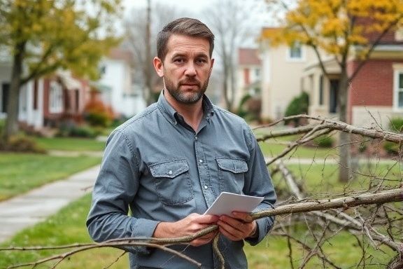 efficient insurance adjuster, calculated expression, estimating damage, photorealistic, colorful suburban area with fallen branches, highly detailed, swaying grass, ultra-sharp, bright tones, overcast lighting, shot with a 70mm lens