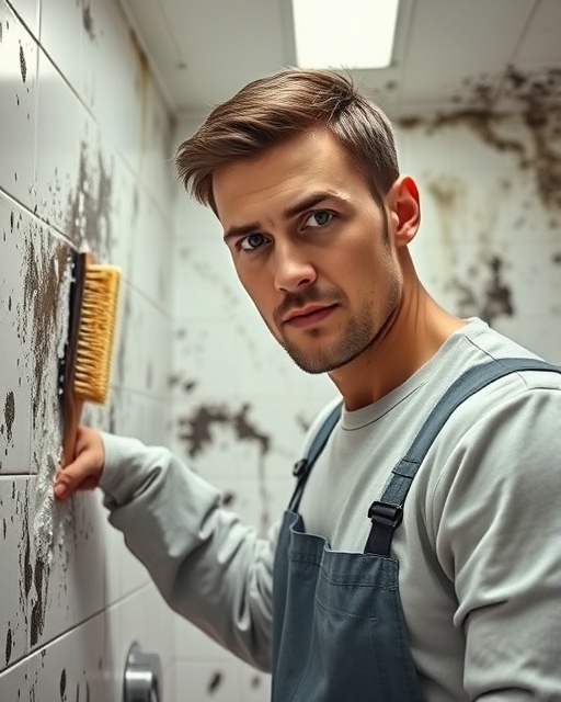 Professional mold cleanup, determined expression, scrubbing a wall with a brush, photorealistic, in a mold-affected bathroom with visible black mold spots, highly detailed, splashes of water, clear textures, neutral colors, overhead fluorescent lighting, shot with a 35mm lens.