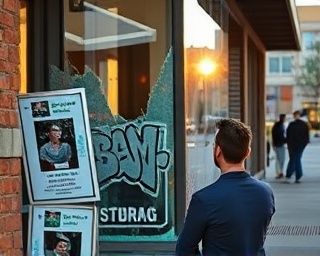 meticulous insurance adjuster, taking photos of vandalized storefront, gathering evidence, photorealistic, commercial district with shattered windows and graffiti tags, highly detailed, exposed brick and glass shards, 50mm lens, golden hour light