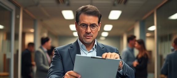 dedicated public adjuster, skeptical expression, holding clipboard, photorealistic, office setting with colleagues discussing, highly detailed, slight motion blur from hand movements, neutral tones, fluorescent lighting, shot with a 35mm lens