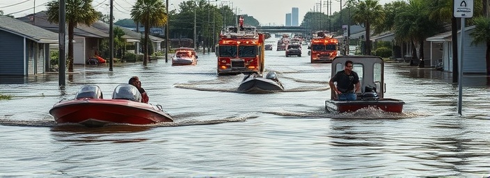 severe Florida flood, emergency responders, initiating rescue operations, photorealistic, flooded streets with stranded residents and boats, highly detailed, urgent action, turbulent water, dramatic lighting, shot with a zoom lens