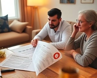 effective flood insurance, relieved family, reviewing coverage, photorealistic, comfortable living room with insurance documents on the table, highly detailed, calming presence, neat paperwork, warm indoor lighting, shot with a standard 50mm lens