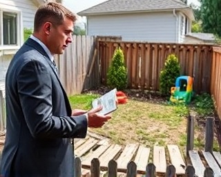 thoughtful vandalism claims adjuster, discussing case details, interviewing a homeowner, photorealistic, suburban backyard with a damaged fence and children's toys, highly detailed, broken wooden planks and bushes, 35mm lens, diffused sunlight