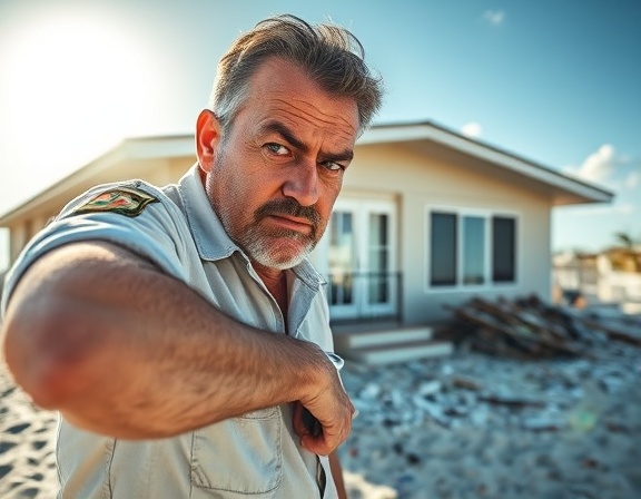 diligent Florida adjuster, determined expression, photographing damage, photorealistic, beach house with storm damage, highly detailed, scattered debris, bright sunlight, shot with a wide-angle lens