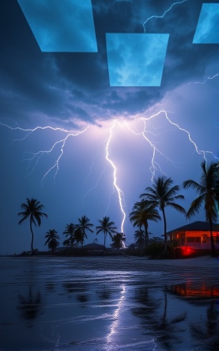 Dramatic Florida lightning storm, awe-inspiring, lightning dancing across the sky, photorealistic, beachfront houses with palm trees swaying, highly detailed, striking reflections on wet surfaces, deep color palette, twilight lighting, shot with a wide-angle lens