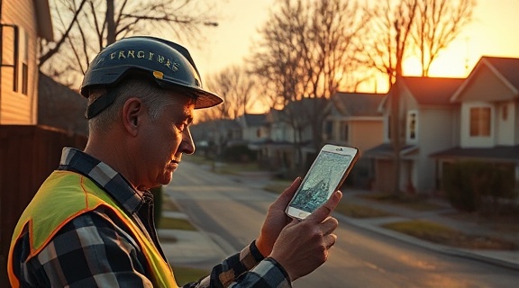 meticulous property damage assessor, precise expression, examining broken windows, photorealistic, residential street with multiple damaged houses, highly detailed, dust in the air, sharp focus, golden hour lighting, shot with a 24mm lens