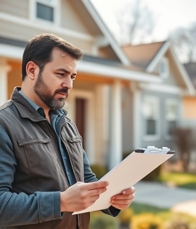 Focused strike adjuster, meticulous, assessing storm damage claims, photorealistic, outdoor scene with damaged property and clipboard in hand, highly detailed, interaction with homeowner, crisp clarity, warm tones, natural sunlight, shot with a 85mm prime lens