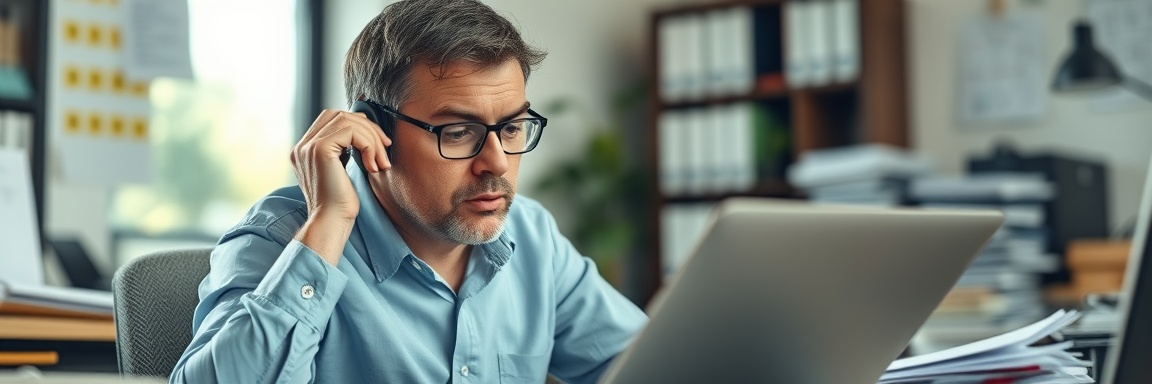 professional insurance claims worker, concerned expression, on phone call, photorealistic, cluttered desk with documents, highly detailed, slight motion blur from moving hands, soft daylight, shot with a 50mm lens