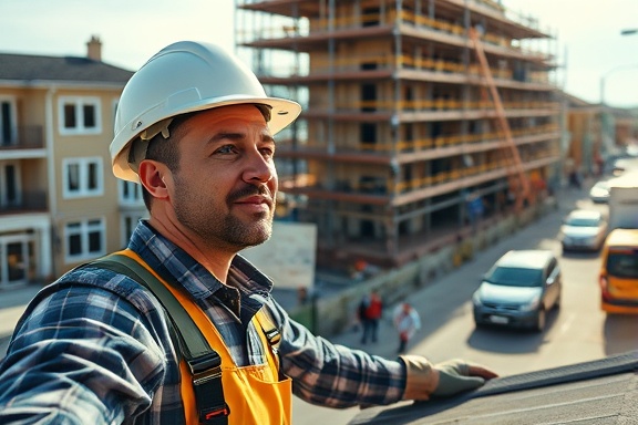 experienced contractor, focused expression, inspecting roof, photorealistic, under construction neighborhood with scaffolding, highly detailed, passing cars and pedestrians, immaculate clarity, neutral colors, soft sunlight, shot with a 50mm lens