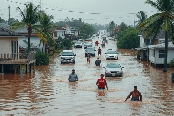 extensive Florida flood, overwhelmed residents, searching for safety, photorealistic, tropical urban area with high water levels and damaged infrastructure, highly detailed, frantic movement, muddy floodwaters, overcast sky, shot with a telephoto lens