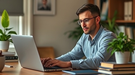 experienced insurance claims specialist, thoughtful expression, typing on laptop, photorealistic, cozy home office with plant and books, highly detailed, stationary setup, soft warm tones, ambient lighting, shot with a 50mm lens