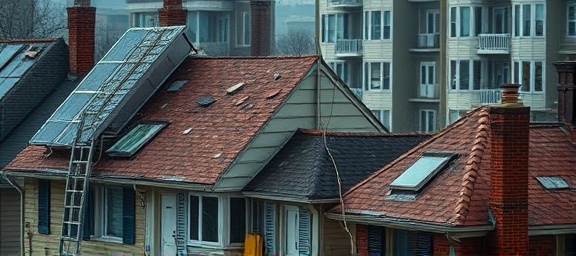 Neighborhood recovering from lightning storm, resilient, community effort to repair, photorealistic, residents working on rooftops and yards amidst fallen branches, highly detailed, dynamic movement, vibrant colors, early morning light, shot with a standard zoom lens