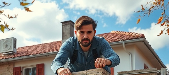 dedicated roofer, determined expression, fixing tiles, photorealistic, two-story house with visible damage, highly detailed, moving clouds and windblown leaves, fine textures, cool tones, midday sunlight, shot with a 135mm lens