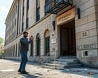 focused property damage adjuster, analytical expression, measuring cracks, photorealistic, urban environment with building damage, highly detailed, debris on ground, midday lighting, shot with a 35mm lens