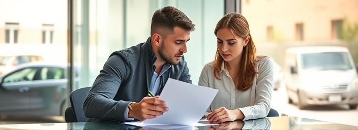 worried young couple, tense expression, signing roof repair contract, photorealistic, modern office with large windows, highly detailed, cars moving outside, crisp focus, neutral tones, natural afternoon light, shot with a 35mm lens