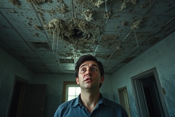 Severe mold damage, shocked expression, assessing a moldy ceiling, photorealistic, in an old, abandoned house with water damage, highly detailed, dripping water, realistic textures, dark and moody colors, soft ambient lighting, shot with an 85mm lens.